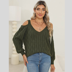 Textured Cable-Knit V-Neck Knit Sweater