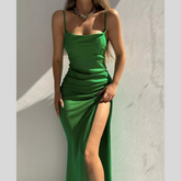 Ruched Split Spaghetti Strap Maxi Dress