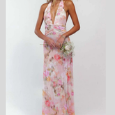 Floral Halter Neck Deep V Maxi Dress