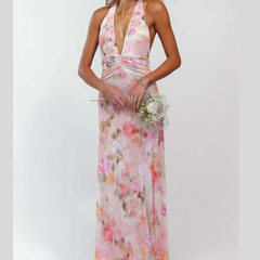 Floral Halter Neck Deep V Maxi Dress