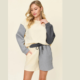 Double Take Full Size Contrast Drop Shoulder Top and Shorts Set