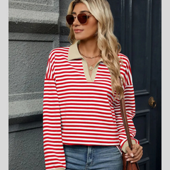 Striped Johnny Collar Long Sleeve Sweatshirt