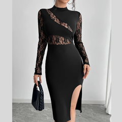 Lace Mock Neck Slit Dress