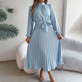 Elegant High Neck Long Sleeve Pleated Maxi Dress - Solid Color Flowy Dress For Women, Casual To Formal Wear-FREE USA SHIPPING