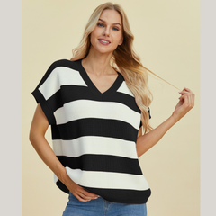 Double Take Full Size Striped V-Neck Short Sleeve Sweater