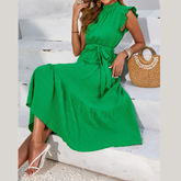 Frill Mock Neck Ruffled Cap Sleeve Midi Dress