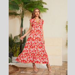 Floral V-Neck Cap Sleeve Summer Dress
