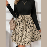 Printed Tie Waist Mock Neck Long Sleeve Dress