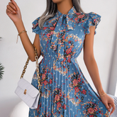 Pleated Floral Printed Tie Neck Knee Length Dress