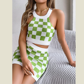 Checkered Grecian Neck Cami and Skirt Sweater Set