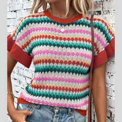 Contrast Round Neck Short Sleeve Sweater