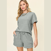 Casual Textured Short Sleeve Top and Shorts Set �Plus & Regular Sizes