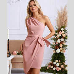 One-Shoulder Wrap Dress with Bow Detail