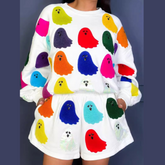 Ghost Printed Round Neck Long Sleeve Top and Shorts Set