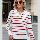 Women's Preppy Striped Knit Sweater with Johnny Collar �Long Sleeve Pullover