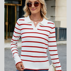 Women's Preppy Striped Knit Sweater with Johnny Collar �Long Sleeve Pullover