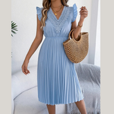 Lace Detail Ruffled Cap Sleeve Pleated Dress