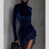 Velvet Lace Trim Turtleneck Mini Dress