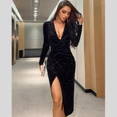 Velvet Ruched Slit Midi Dress