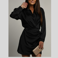 Collared Neck Long Sleeve Satin Dress