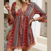 Lace Trim Printed V-Neck 3/4 Sleeve Dress