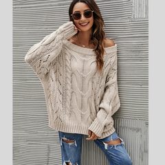 Cable Knit Openwork Off-Shoulder Sweater