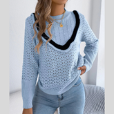 Hollow-Out Knit Top with Contrast Trim