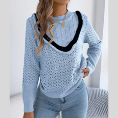 Hollow-Out Knit Top with Contrast Trim