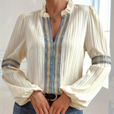 Notched Textured Balloon Sleeve Blouse
