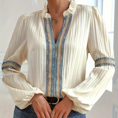 Notched Textured Balloon Sleeve Blouse