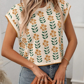 Flower Round Neck Short Sleeve Knit Top
