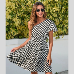 Checkered Single Shoulder Mini Dress