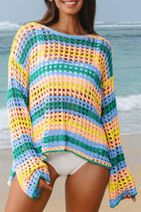 Openwork Round Neck Long Sleeve Knit Cover Up