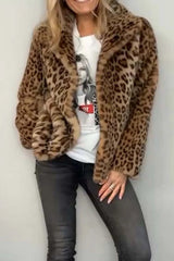 Full Size Leopard Furry Collared Neck Long Sleeve Coat