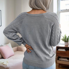 Women's Solid Color Casual Square Neck Button-Detail Knit Top - Textured Ribbed Pattern, Cozy Fall&Winter Sweater