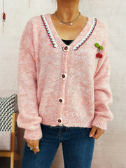 Cherry Button-Front Long Sleeve Cardigan