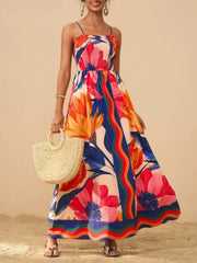 Smocked Printed Spaghetti Strap Maxi Summer Dress