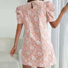 Women's Puff Sleeve A-Line Mini Dress Crew Neck Floral Casual Summer Dress-FREE USA SHIPPING
