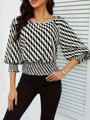 Geometric Print Lantern Sleeve Smocked Waist Blouse