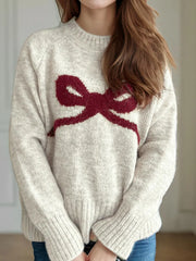 Bow Detail Round Neck Long Sleeve Knit Sweater