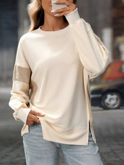 Trendy Side Slit Round Neck Sweatshirt