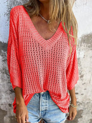 Plus Size V-Neck Openwork Knit Cover-Up
