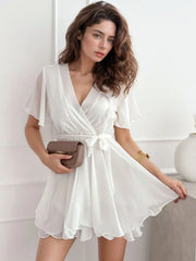 V-Neck Surplice Flutter Sleeve Short Dress
