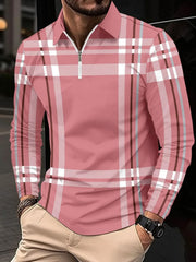 Men's Full Size Plaid Zip Collar Long Sleeve Polo Plus Size