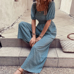 Square Neck Puff Sleeve Printed Jumpsuit
