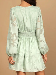 Smocked V-Neck Balloon Sleeve Dress
