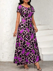 Printed Round Neck Short Sleeve Maxi Tee Dress