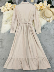 Tie Waist Long Sleeve Ruffled Hem Dress