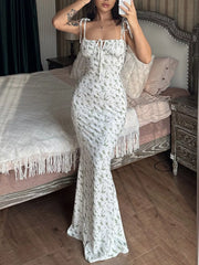 Floral Print Tie Strap Bodycon Maxi Dress