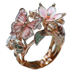 Flower Butterfly Ring With Rhinestones And Oil Dropping Design Fashion Personalized Jewelry For Women